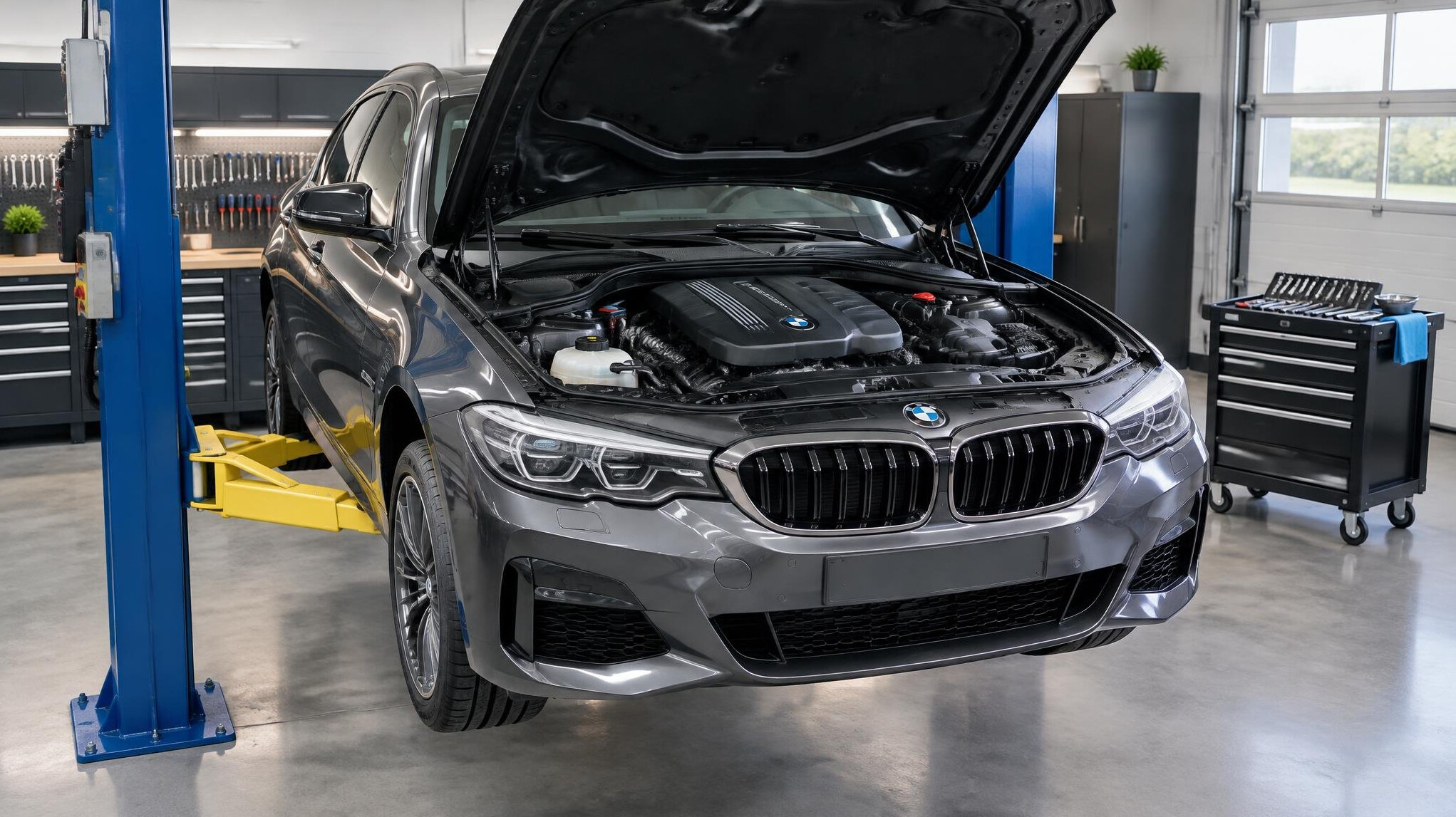 Mechanic checking a car engine in a garage