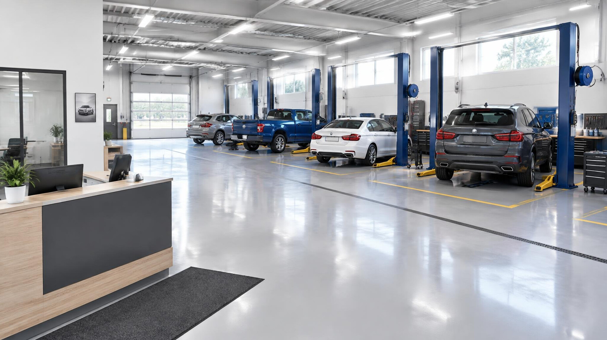 Clean car workshop reception area